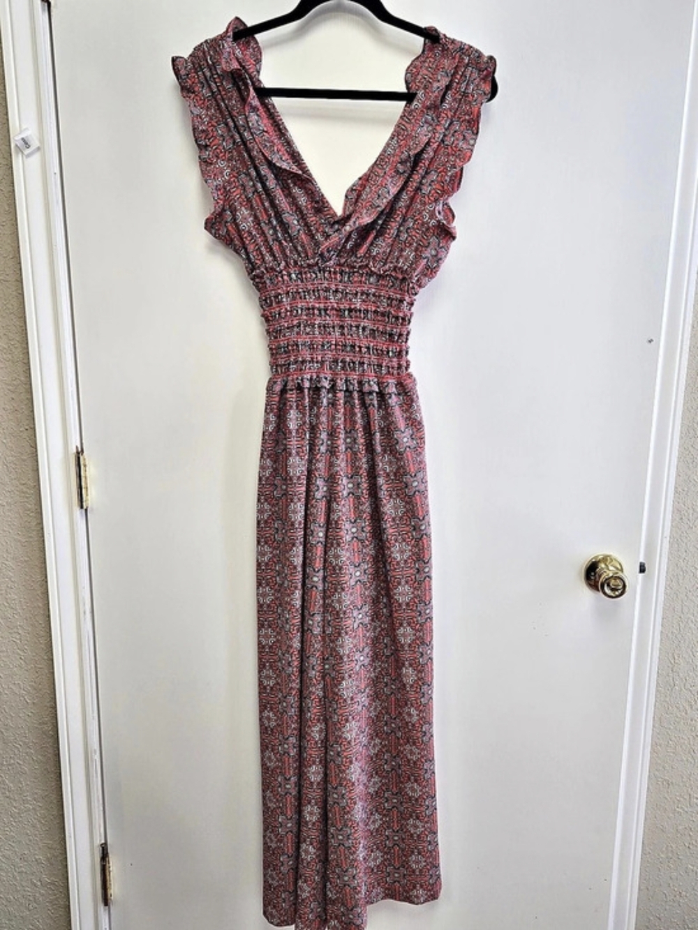 Max Studio Smocked Wide Leg Jumpsuit Pink & Black Size Medium